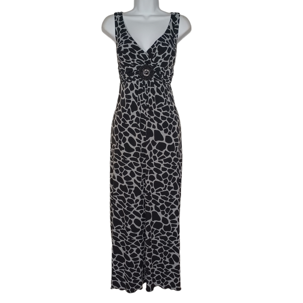 ENFOCUS STUDIO Gray Black Giraffe Animal Print Beaded Sleeveless Maxi Dress 10